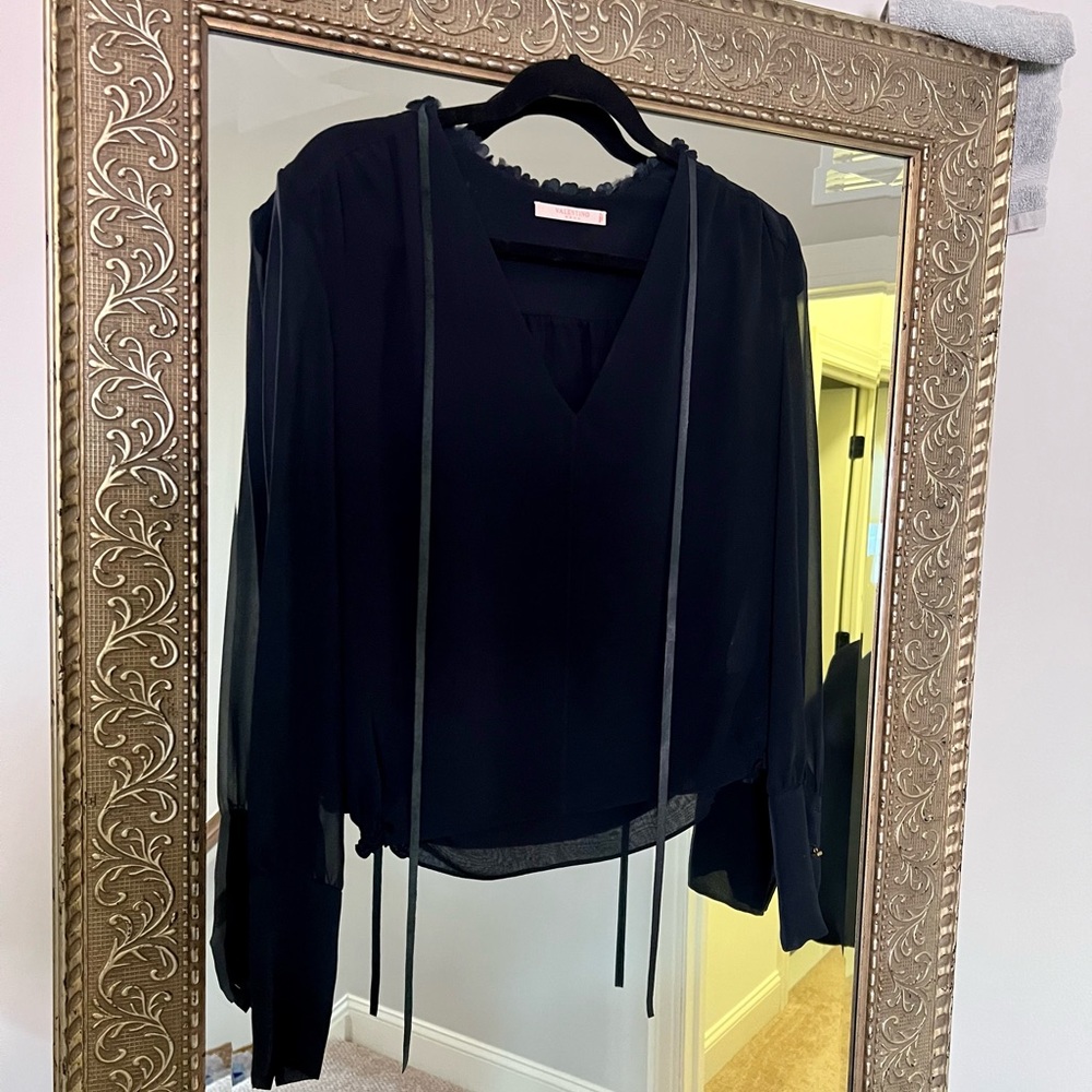 Valentino Black Blouse / Top with leather flowers Sz S